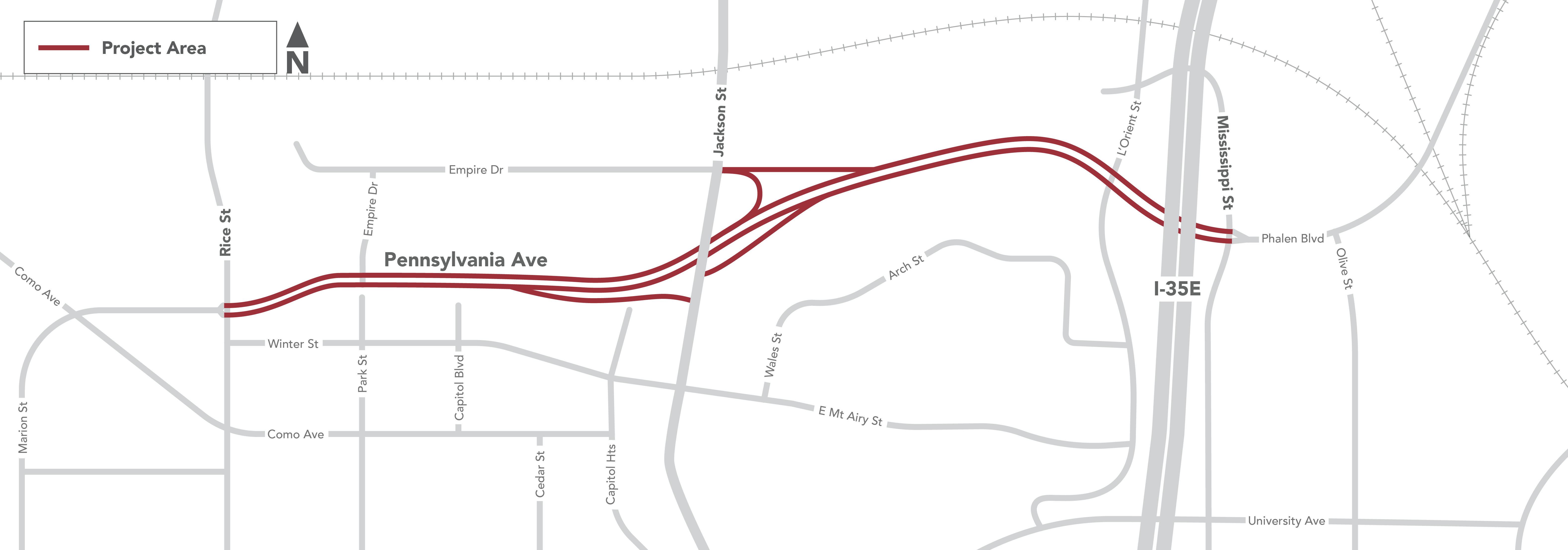 A map of the construction area spanning Pennsylvania Avenue from Rice st to Mississippi st.
