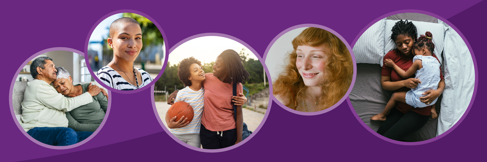 Five images of people of multiple ages and racial and ethnic backgrounds contained in circles on a purple background