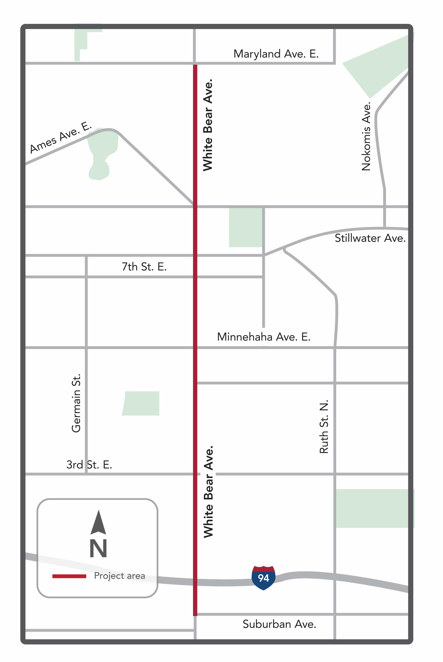 Map highlighting the section of White Bear Avenue between Maryland Avenue and Suburban Avenue.