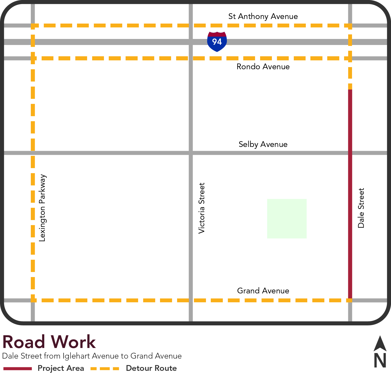 A map of the project area on Dale Street colored red with the detour route colored in yellow.