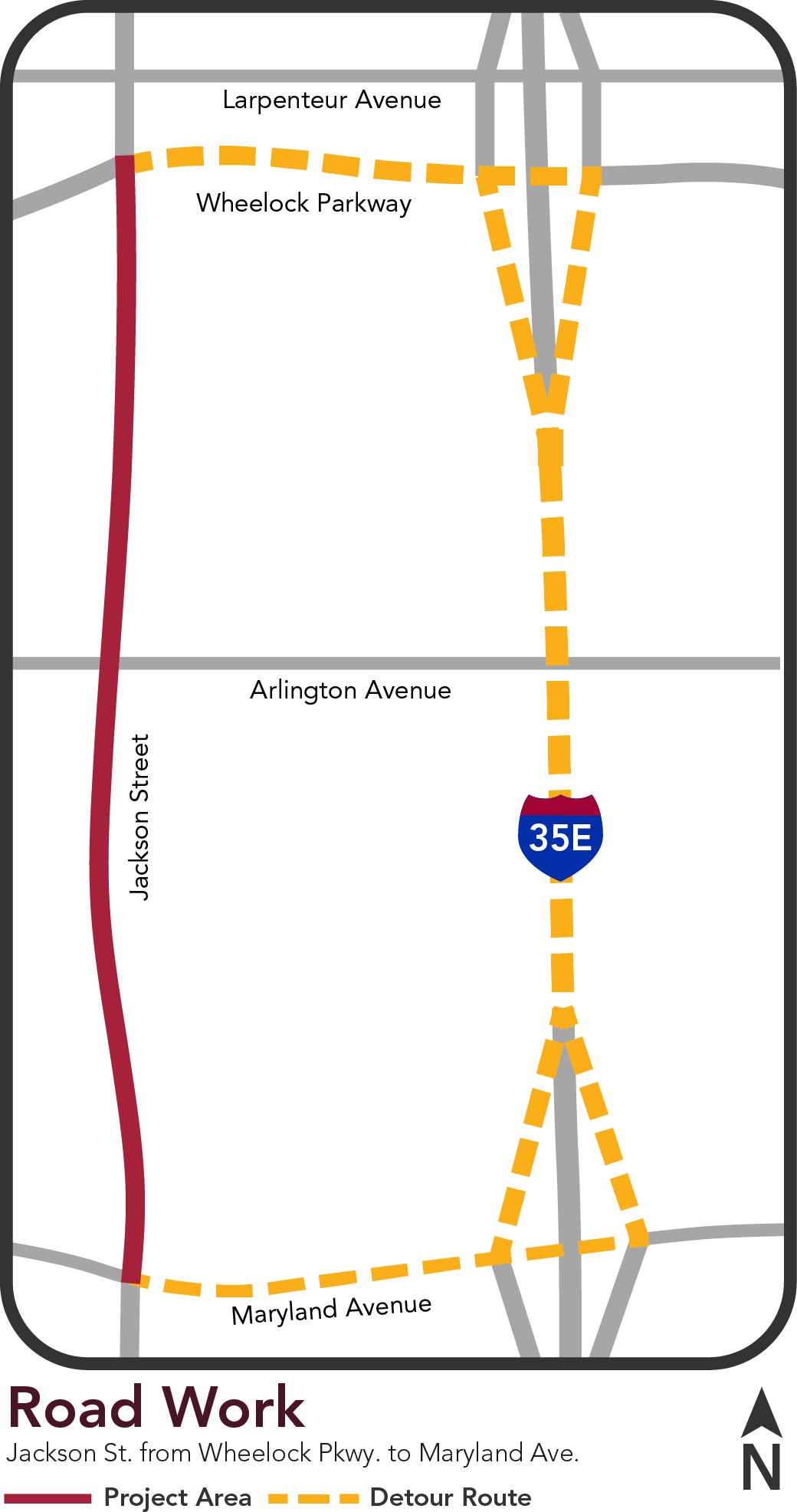 A map of the Jackson Street project area colored in red and detour route colored in yellow.