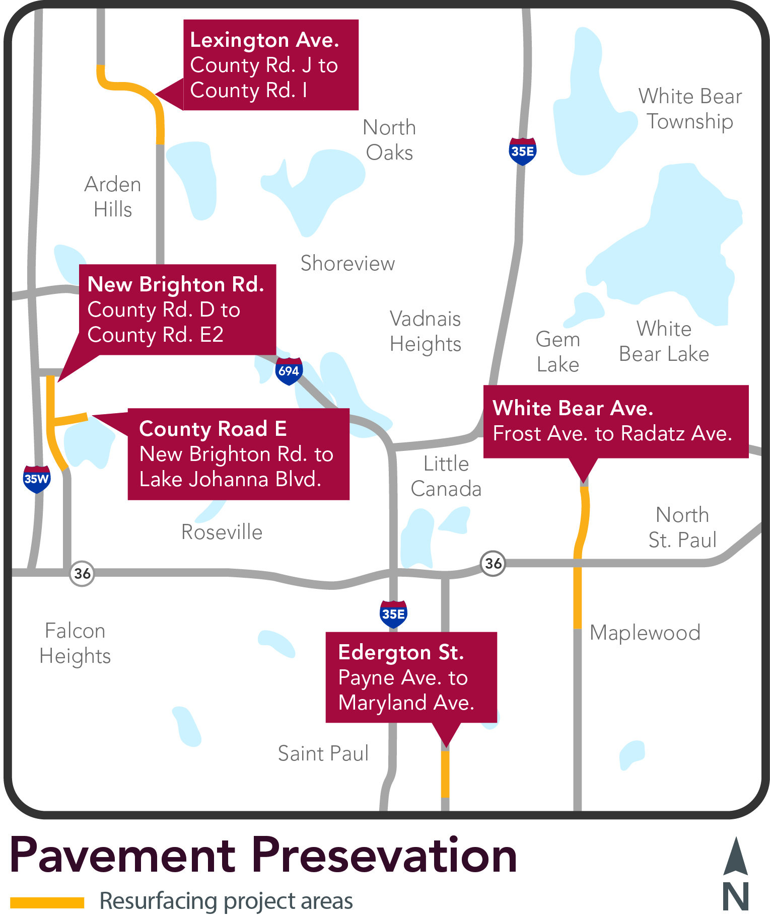 Map of pavement preservation road segments that will be worked on in 2026
