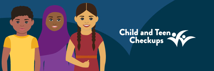 Illustration of three children and the Child and Teen Checkup logo